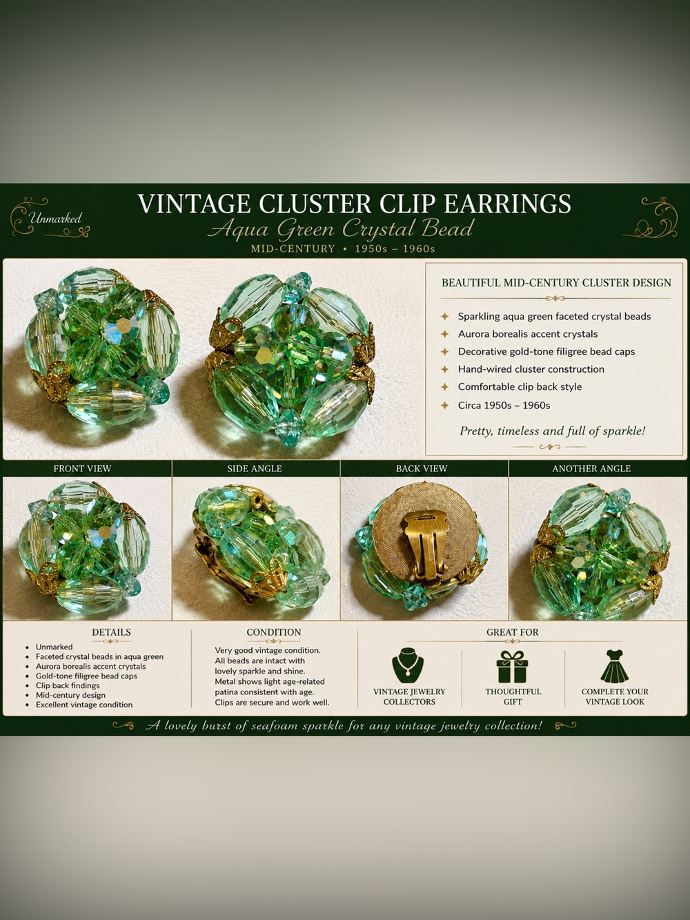 Vintage Aqua Green Crystal Cluster Clip Earrings - Mid-Century